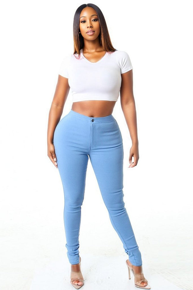 "comfortable skinny leg jeans," "ultra-stretchy jeans," "perfect fit," "follow your curves," and "effortlessly chic.