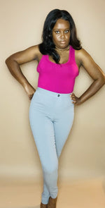 "comfortable skinny leg jeans," "ultra-stretchy jeans," "perfect fit," "follow your curves," and "effortlessly chic.